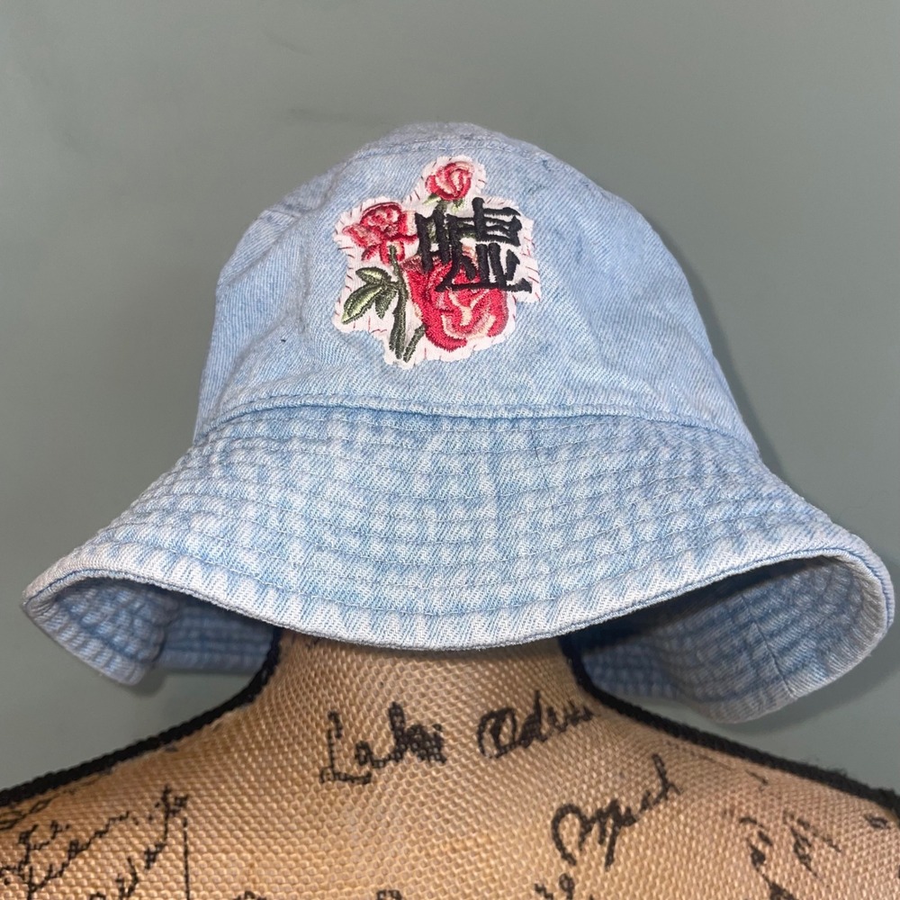 Handmade Denim Embroidered Upcycled Rose Patched Unique Bucket Hat‎ Blue L/XL
